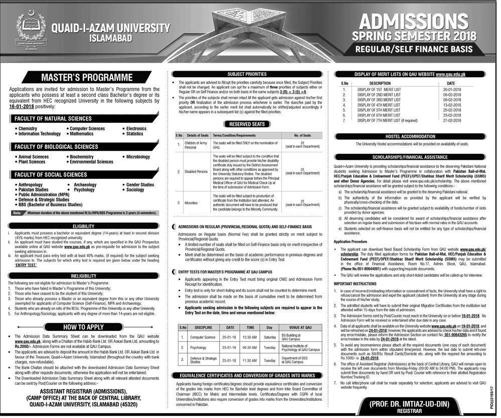 Quaid-i-Azam-University-Islamabad-Admission-2018-Spring-Semester